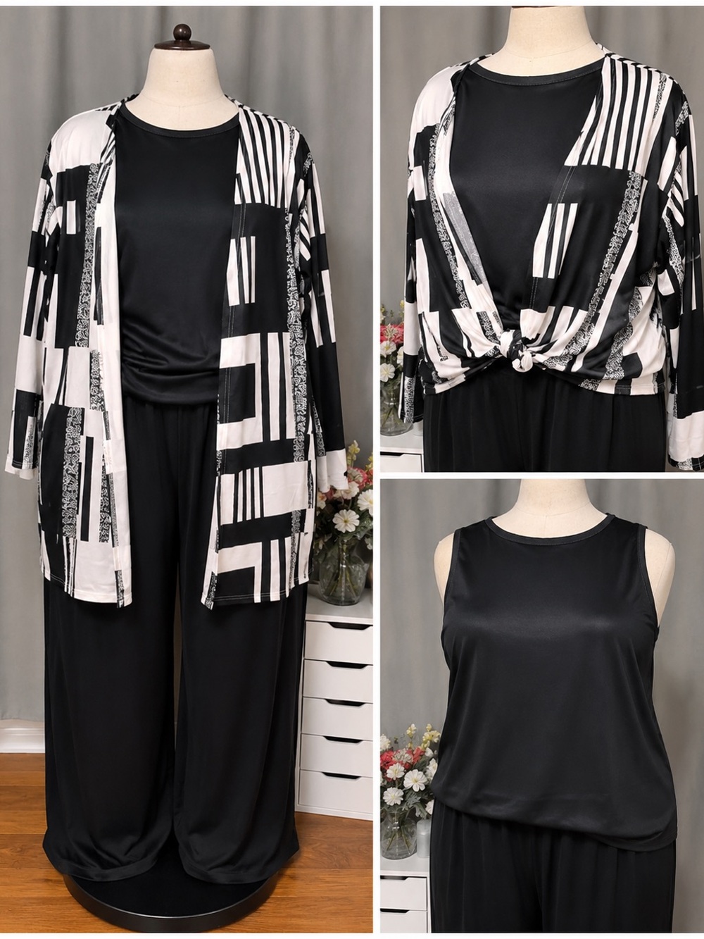 Black Satin Tank Top with Black & White Geometric Cardigan & Black Pants